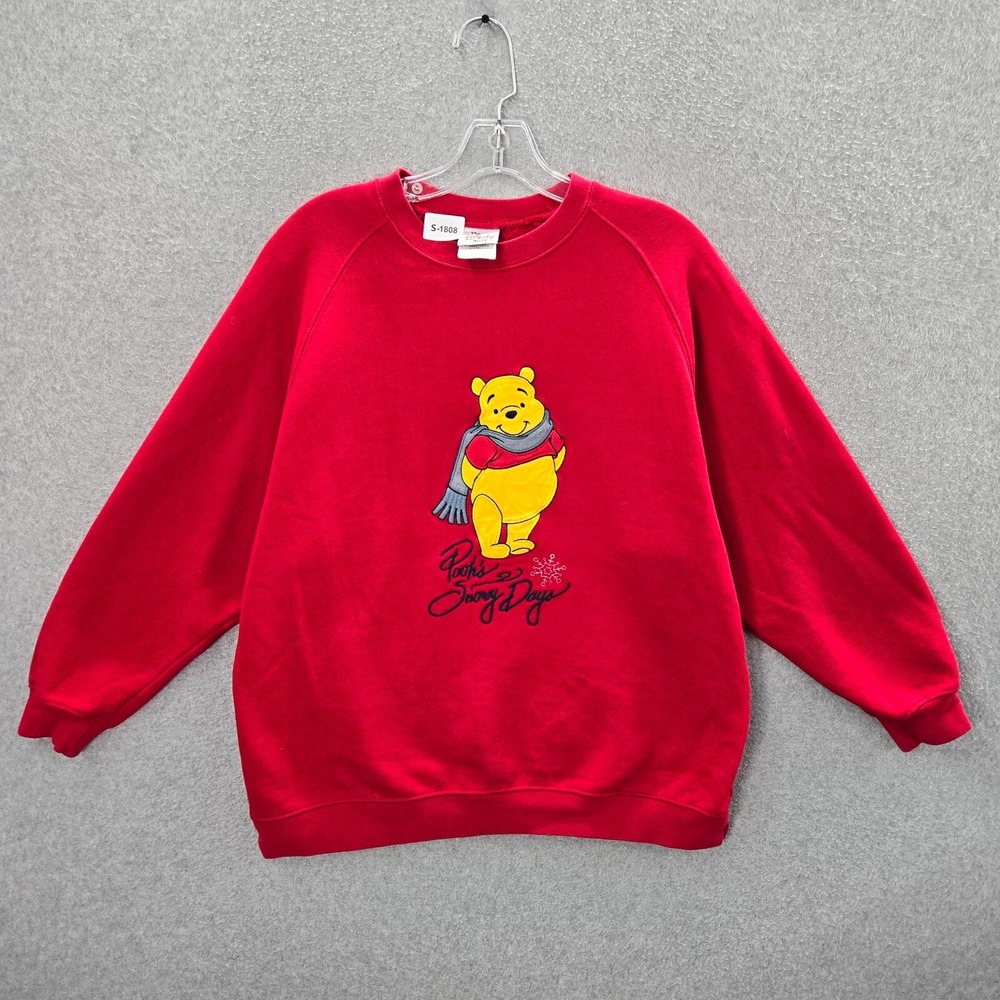 VINTAGE Disney Store Women Sweatshirt Small Red Pooh's Snowy Day Embroidered